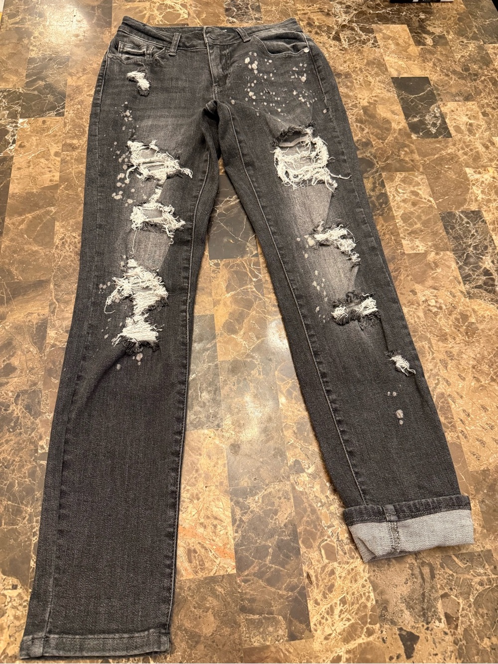 Judy Blue Charcoal Distressed Boyfriend Jeans with Paint Flecks